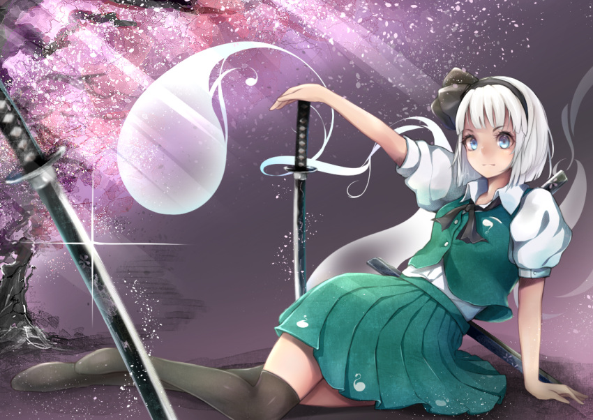1girl, ankh_(ankh_05), arm_support, black_legwear, black_ribbon, blue_eyes, bow, cherry_blossoms