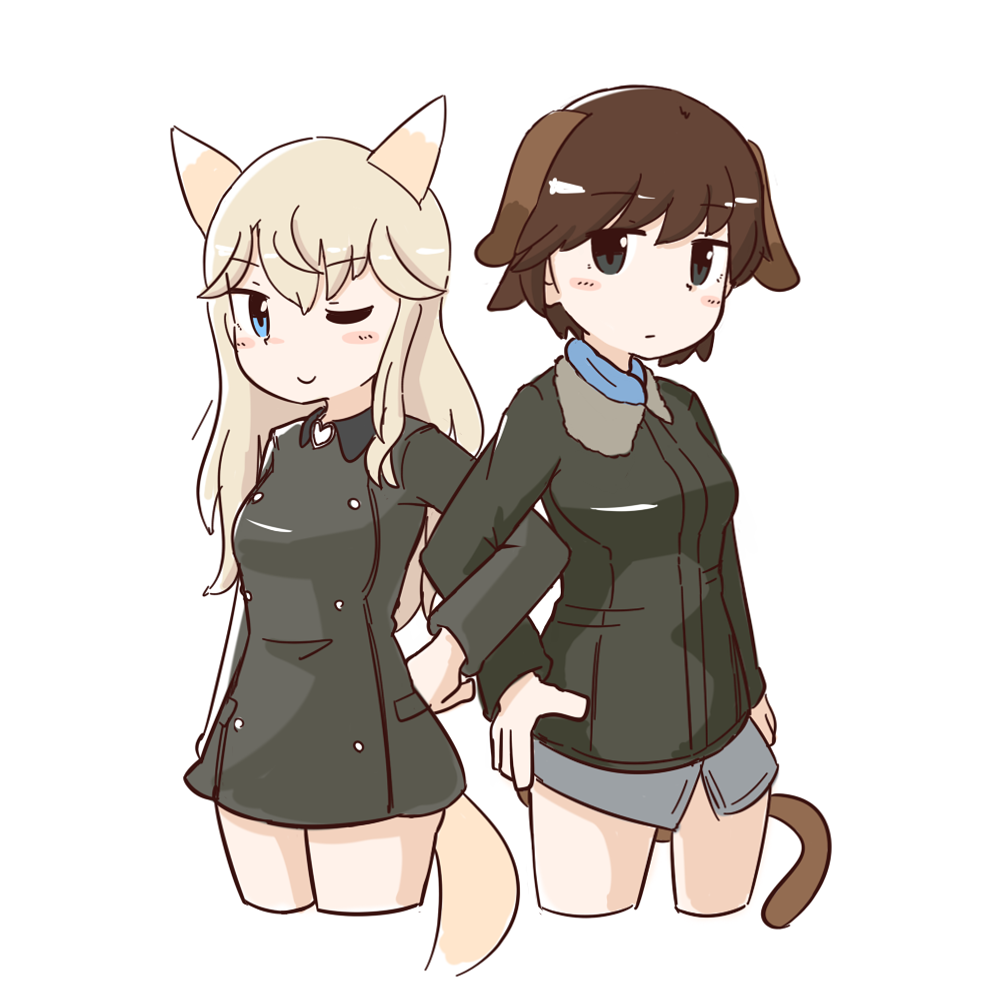 2girls, animal_ears, aqua_eyes, blonde_hair, blue_eyes, blush, bomber_jacket, brown_hair