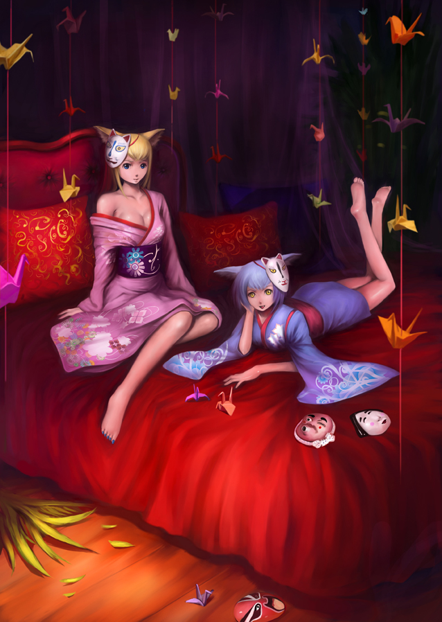 barefoot, bed, blonde_hair, blue_eyes, blue_hair, feet, fox_ears, gyokuyou