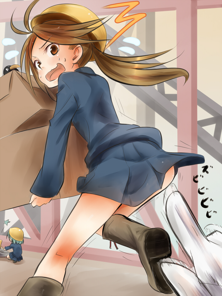 2girls, ahoge, akisyuuno, blue_skirt, boots, box, brown_eyes, brown_hair, construction, failure_penguin, fairy_(kantai_collection), from_behind, green_hair, helmet, helmet_musume_(kantai_collection), humanization, kantai_collection, lifting, long_sleeves, looking_at_viewer, looking_back, maintenance_musume_(kantai_collection), multiple_girls, open_mouth, pleated_skirt, pov, pov_eye_contact, short_hair, skirt, skirt_lift, sweat, trembling, twintails, wavy_mouth