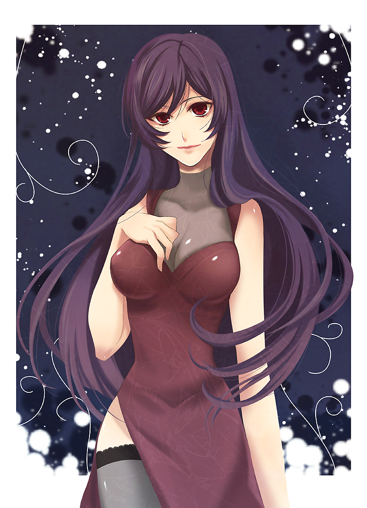 adu, black_legwear, black_thighhighs, body_blush, breasts, chinadress, chinese_clothes, cleavage, crossdressing, crossdressinging, dress, gundam, gundam_00, hirose_azumi, large_breasts, lipstick, long_hair, purple_hair, red_eyes, side_slit, solo, thigh-highs, thighhighs, tieria_erde, trap