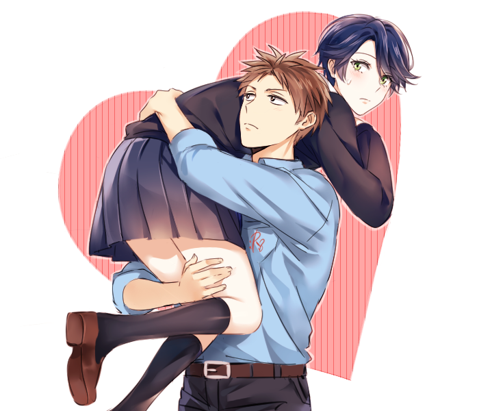 1boy, 1girl, apfl0515, brown_hair, carrying, carrying_over_shoulder, gekkan_shoujo_nozaki-kun, hori_masayuki