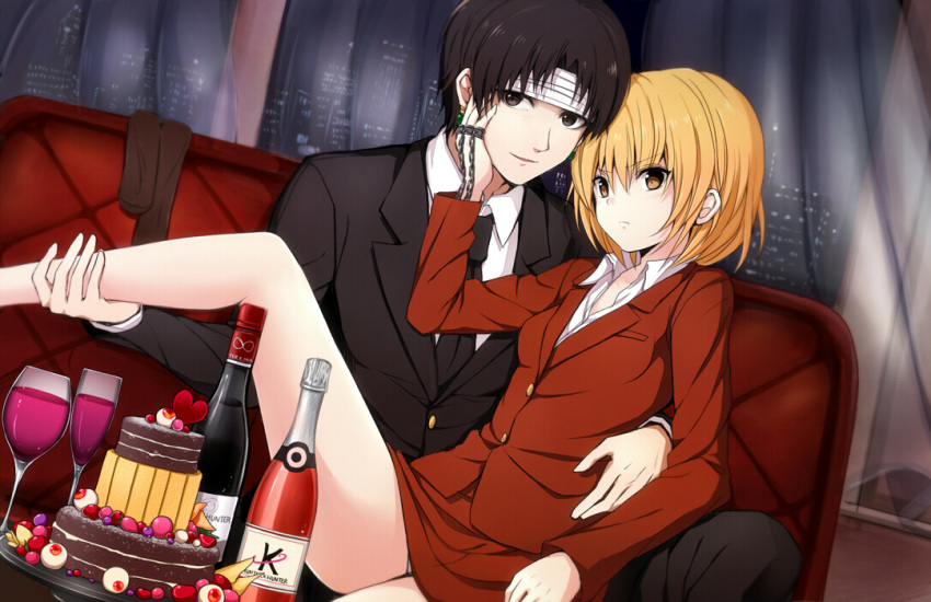 1boy, 1girl, alcohol, black_eyes, black_hair, blonde_hair, cake, chrollo_lucilfer