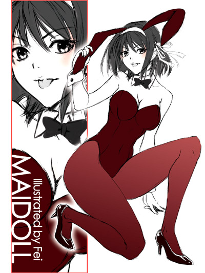 bow, brown_hair, bunny_ears, bunnysuit, collar, cuffs, fei_(artist), fei_(maidoll), hair_ribbon, hairband, heels, maidoll, monochrome, pantyhose, red, short_hair, suzumiya_haruhi, suzumiya_haruhi_no_yuuutsu, tongue, usagimimi