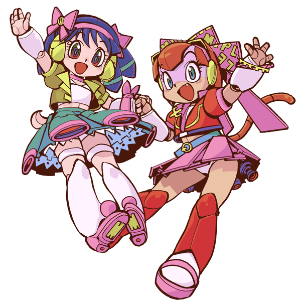 2girls, android, animal_ears, blue_eyes, blue_hair, bow, cat_ears, cat_tail
