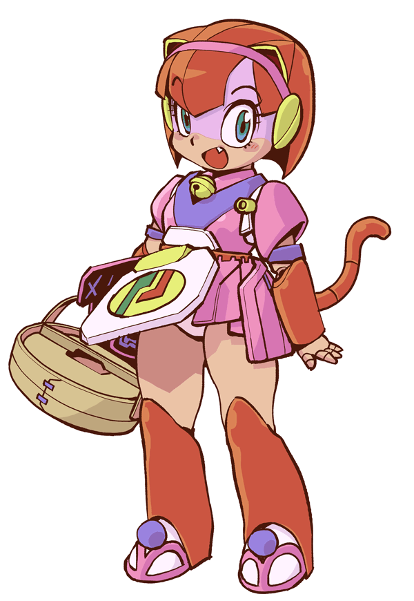 1girl, android, animal_ears, basket, bell, blue_eyes, cat_ears, cat_tail, fang, kyatto_ninden_teyandee, panties, pantyshot, pururun, ramb_chop, robot_joints, solo, tail, underwear