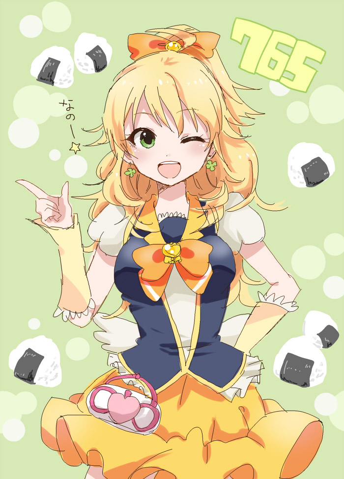 1girl, blonde_hair, cosplay, crossover, cure_honey, cure_honey_(cosplay), earrings, green_eyes