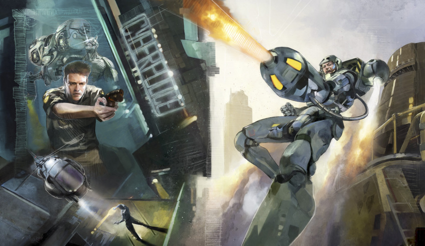 2boys, arm_cannon, armor, cyber_police_eswat, cyberpunk, daniel_oduber, dual_persona, gun