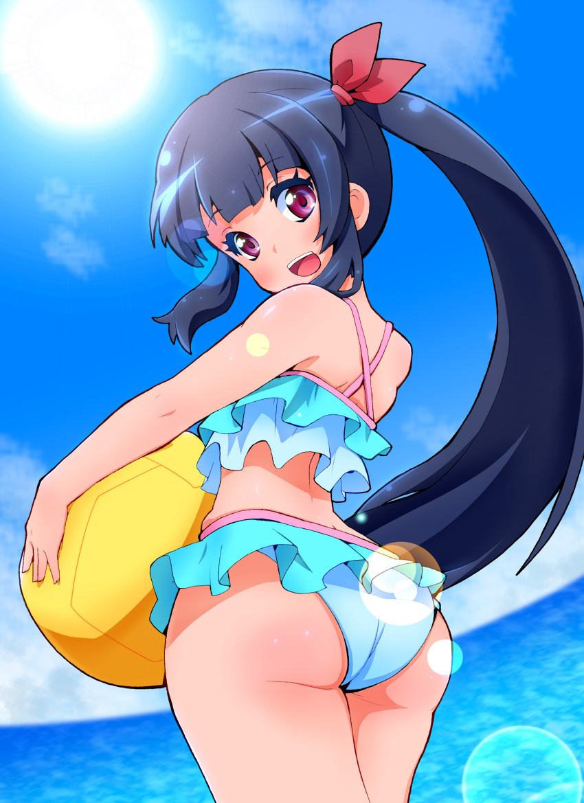 1girl, absurdres, anise_(medarot), ass, ball, beachball, bikini, black_hair