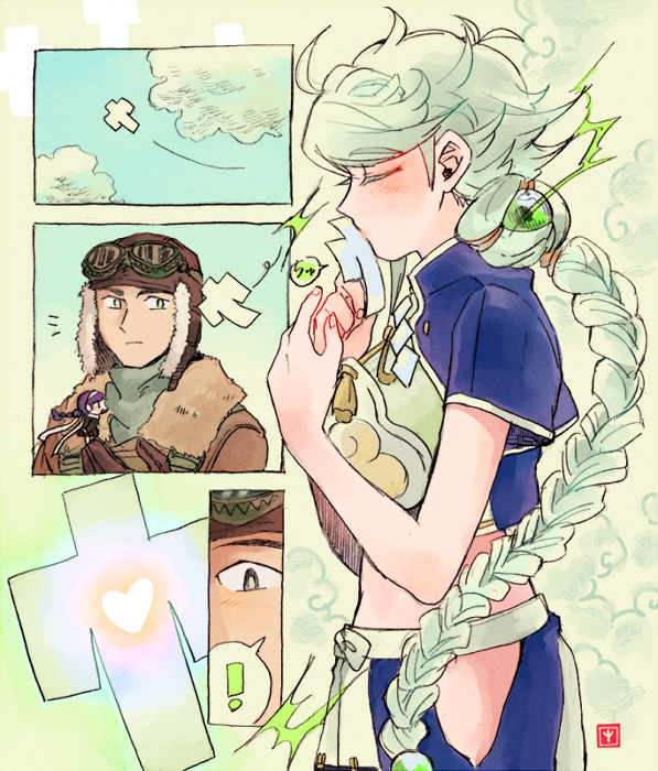 1boy, 1girl, fairy_(kantai_collection), heart_shape, kantai_collection, pilot_suit, shigemitsu_jun, shikigami