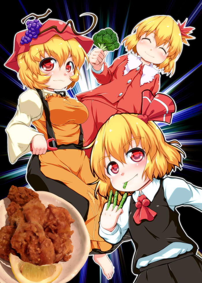 3girls, ^_^, aki_minoriko, aki_shizuha, asparagus, barefoot, blonde_hair, broccoli