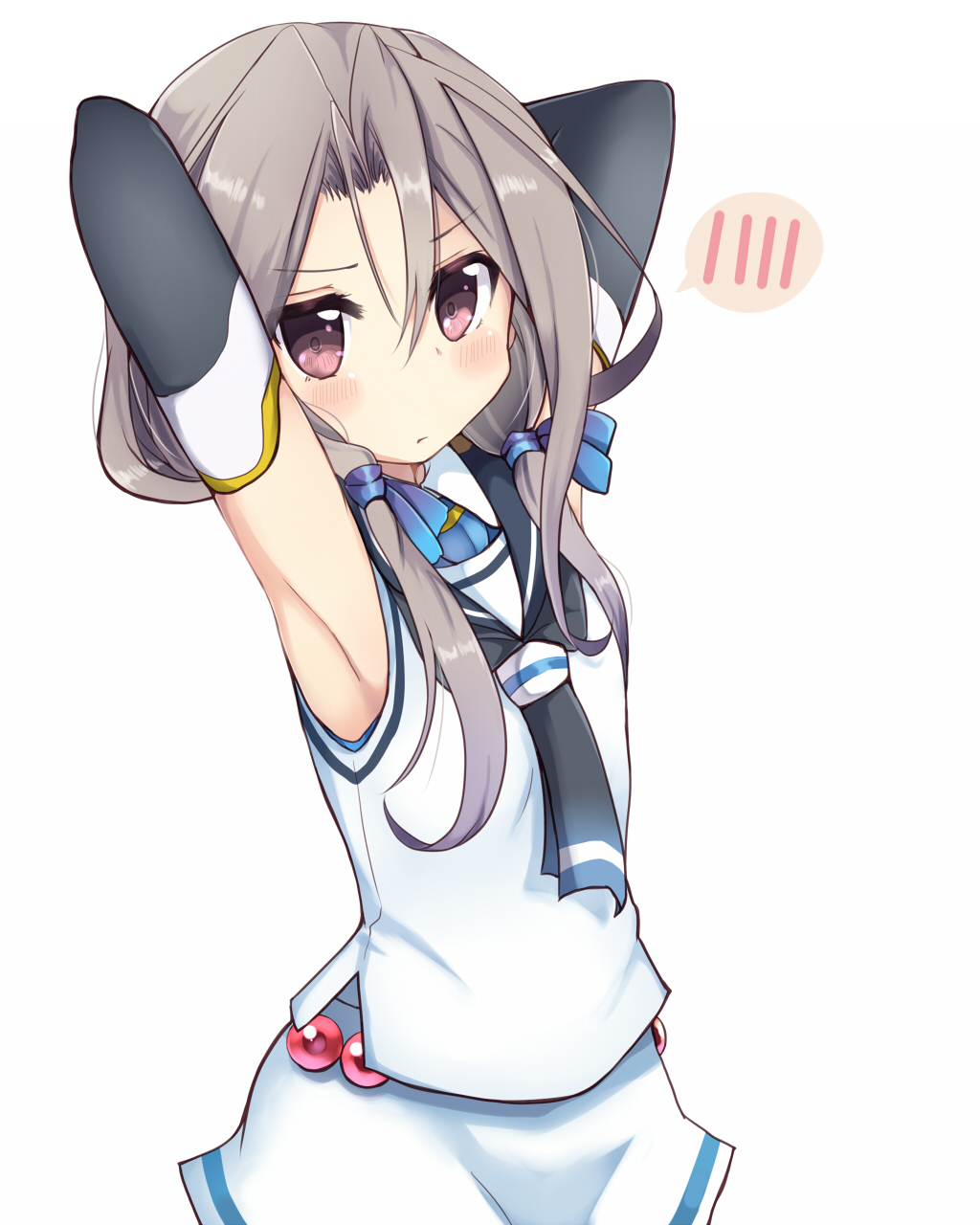 1girl, alternate_hairstyle, amano_kouki, armpits, arms_behind_head, arms_up, bare_shoulders, black_gloves, blue_ribbon, blush, brown_eyes, elbow_gloves, frown, gloves, hair_ribbon, highres, kantai_collection, looking_at_viewer, low_twintails, neckerchief, ribbon, sailor_collar, school_uniform, serafuku, silver_hair, simple_background, skirt, sleeveless, solo, spoken_blush, suzukaze_(kantai_collection), suzukaze_(kantai_collection)_(cosplay), twintails, white_background, white_skirt, zuihou_(kantai_collection)