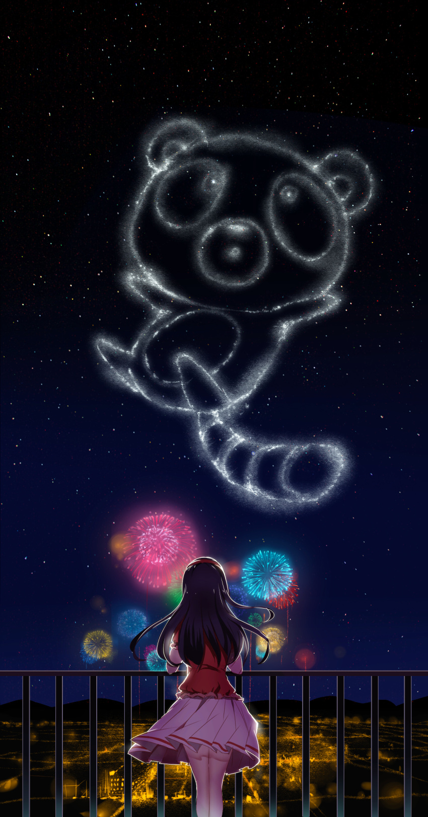 1girl, absurdres, aerial_fireworks, black_hair, far_eastern_funion, fireworks, gekkan_shoujo_nozaki-kun, highres