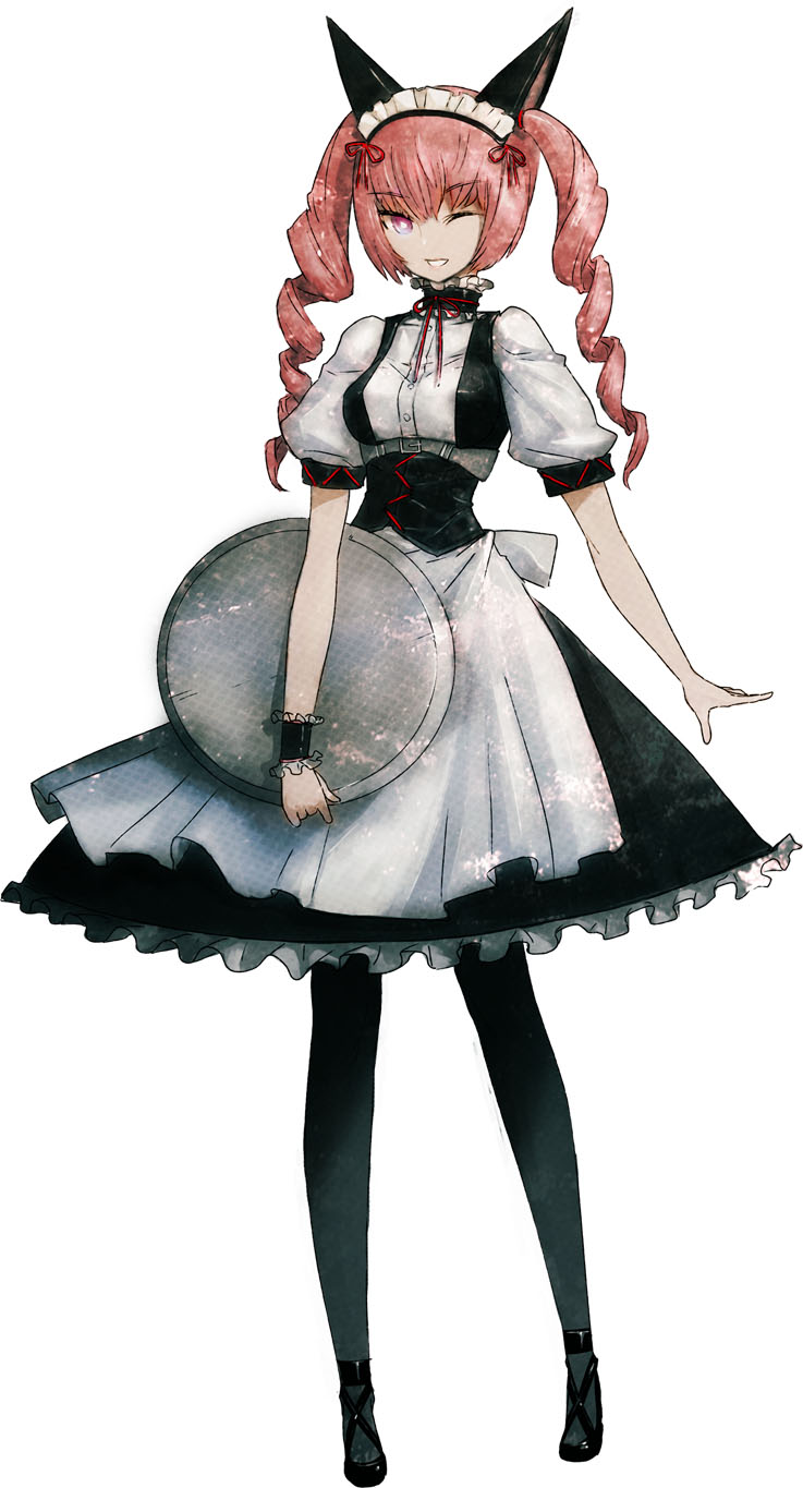 apron, bow, cat_ears, curly_hair, faris_nyannyan, feeris_nyanyan, highres, huke, maid, official_art, pantyhose, pink_eyes, pink_hair, solo, steins;gate, twintails, wink