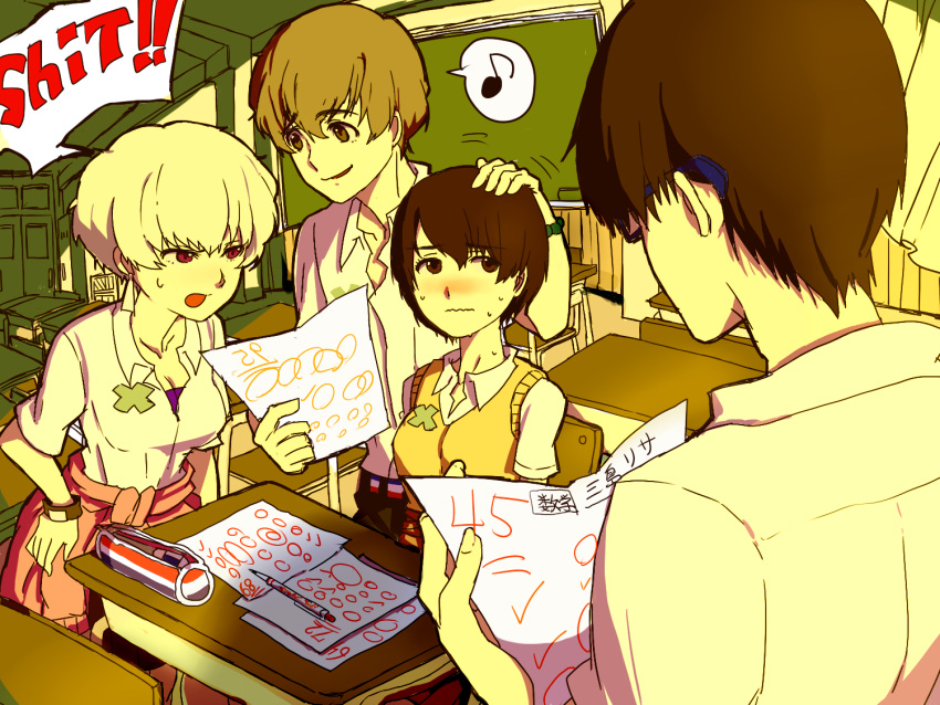 2boys, 2girls, black_hair, brown_hair, five_(zankyou_no_terror), glasses, good_end, mishima_lisa, multiple_boys, multiple_girls, nine_(zankyou_no_terror), school_uniform, short_hair, sweater_vest, twelve_(zankyou_no_terror), white_hair, yakumo_(pnpn1205), zankyou_no_terror