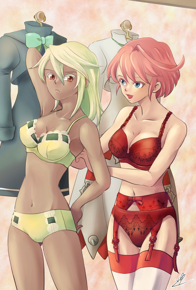 2girls, blonde_hair, blue_eyes, bra, breasts, briefs, brown_eyes, cleavage