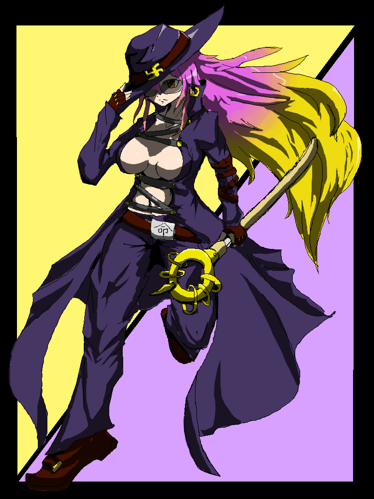 1girl, blonde_hair, breasts, cosplay, cowboy_hat, fingerless_gloves, gloves, gradient_hair