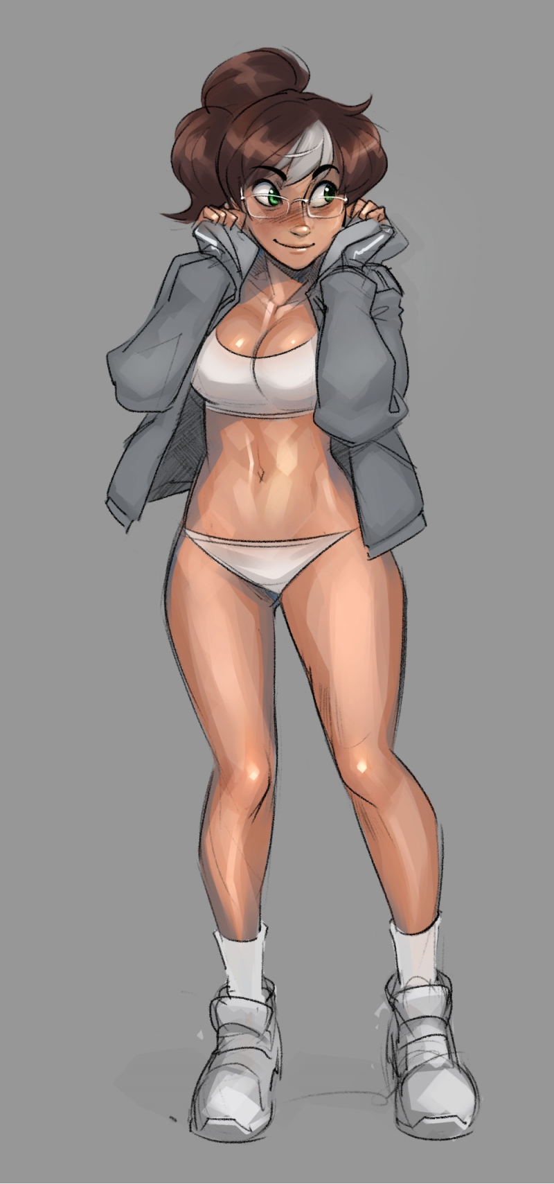 1girl, blush, bra, breasts, brown_hair, cleavage, eyebrows, fingerless_gloves