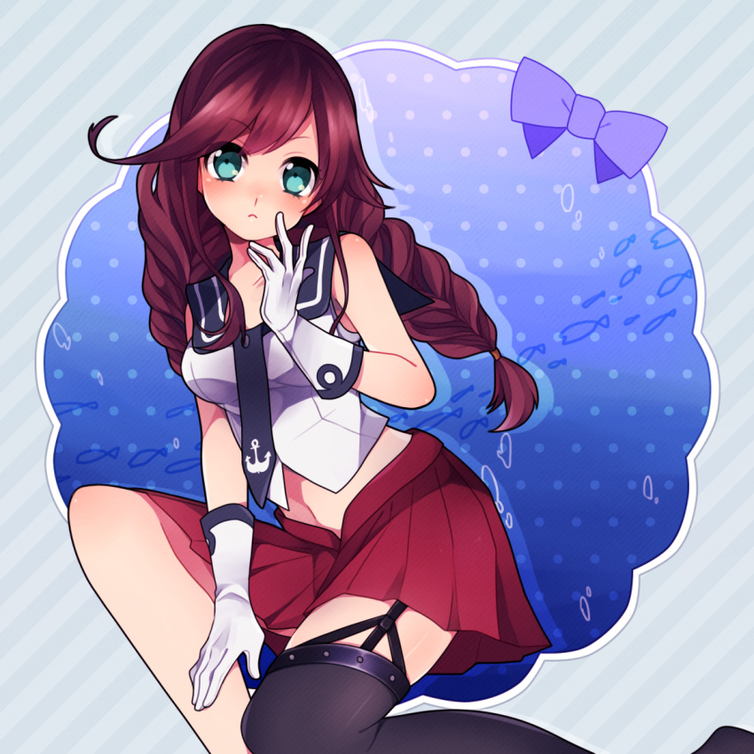 1girl, :<, anchor_symbol, aqua_eyes, asymmetrical_legwear, bare_shoulders, black_legwear, bow