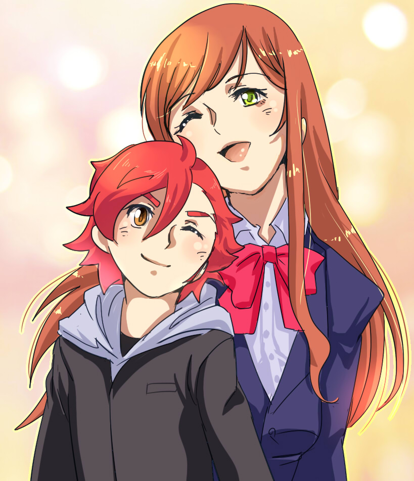 1boy, 1girl, ;d, brother_and_sister, brown_eyes, green_eyes, gundam, gundam_build_fighters