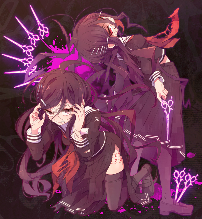 2girls, brown_hair, dangan_ronpa, dual_persona, fukawa_touko, genocider_shou, glasses, hair_ornament