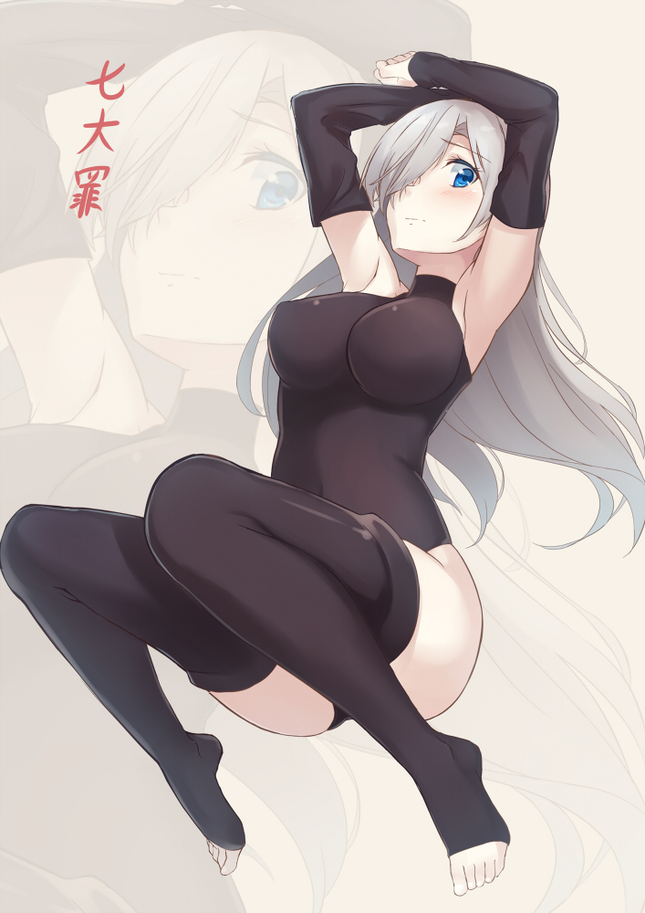 1girl, armpits, arms_up, black_legwear, blue_eyes, breasts, detached_sleeves, elizabeth_liones