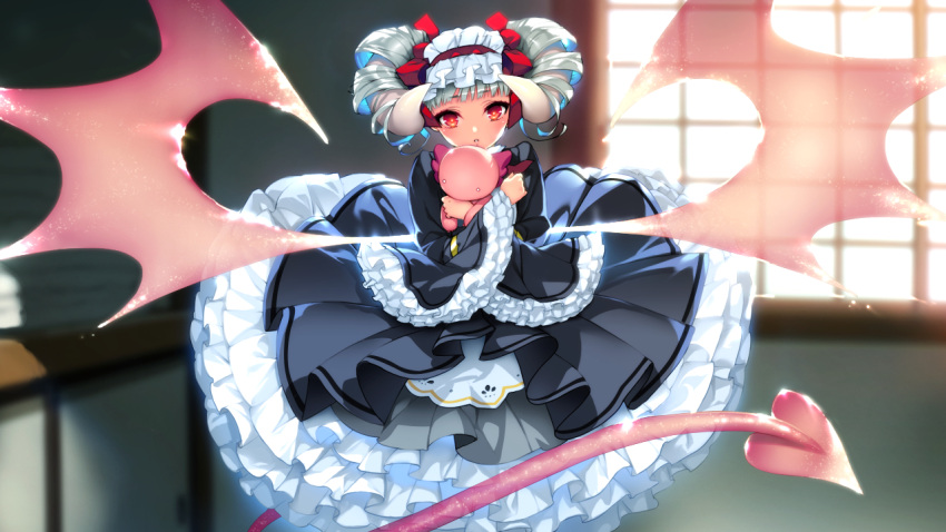 1girl, backlighting, bangs, black_dress, blunt_bangs, demon_girl, demon_tail, dress
