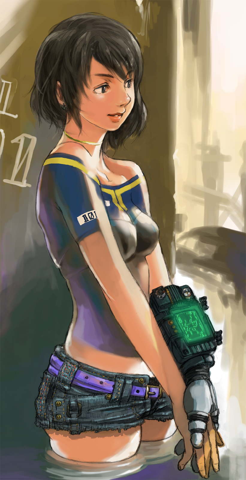 black_eyes, black_hair, bodypaint, breasts, earrings, fallout, fallout_3, gauntlets