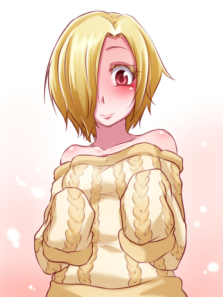 1girl, bare_shoulders, blonde_hair, blush, hair_over_one_eye, highres, idolmaster, idolmaster_cinderella_girls