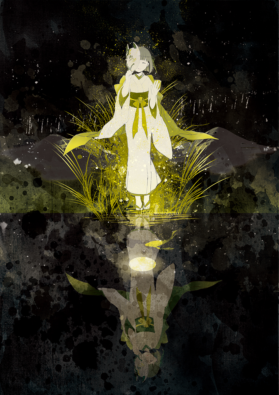 1girl, artist_name, black_hair, bob_cut, closed_eyes, dark, fish, fox_mask