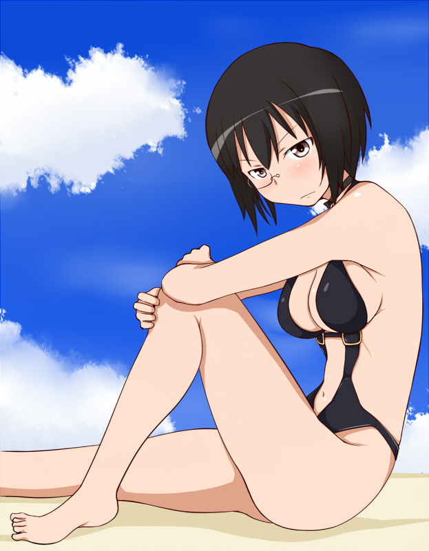 1girl, beach, black_hair, breasts, casual_one-piece_swimsuit, cleavage, clouds, girls_und_panzer, kawashima_momo, monocle, navel, short_hair, sideboob, sky, solo, swimsuit, tanaka_rikimaru