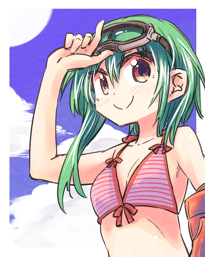 1girl, bikini_top, claire_(sennen_sensou_aigis), goggles, green_hair, hikawa_shou, sennen_sensou_aigis, smile