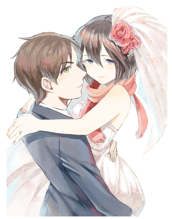 1boy, 1girl, black_hair, brown_hair, couple, dress, eren_jaeger, flower
