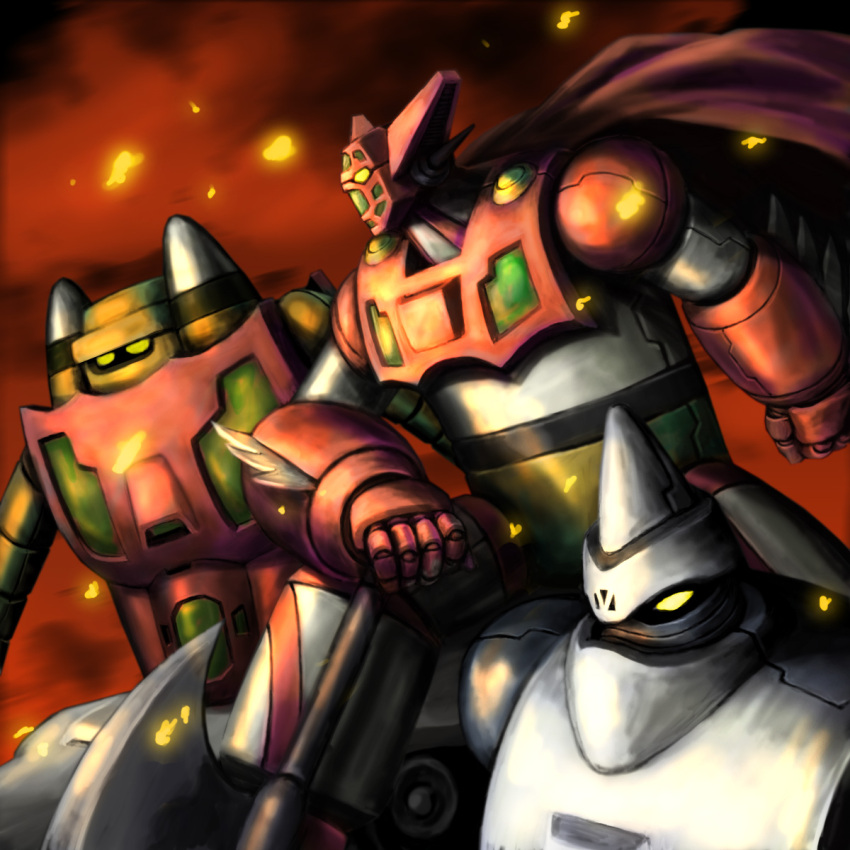 70s, aniki_gunsou, arm_support, axe, cape, embers, getter-1, getter-2