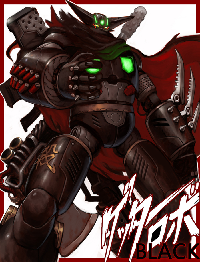 arm_blade, axe, black_getter, cape, getter_robo, glowing, liquid_syndrome, mecha, no_humans, shin_getter_robo, solo, super_robot, torn_clothes, weapon
