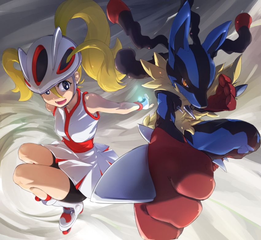 1girl, bicycle_helmet, bike_shorts, blonde_hair, blue_eyes, fingerless_gloves, foreshortening, gloves
