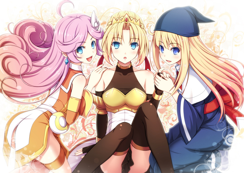 3girls, :d, :o, ahoge, akashio_(loli_ace), arm_support, bare_shoulders, black_gloves