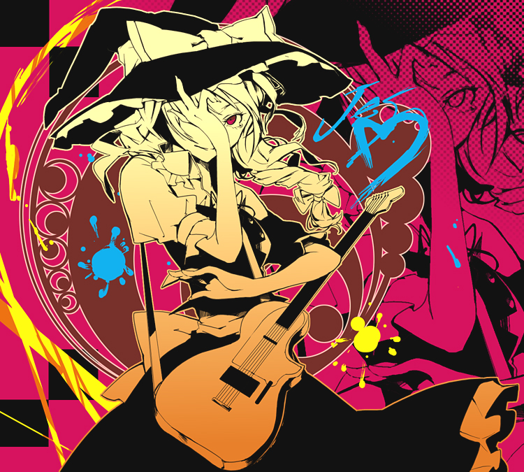 35, 35_(pixiv), cosplay, guitar, hand_on_hat, hands, hat, hat_tip
