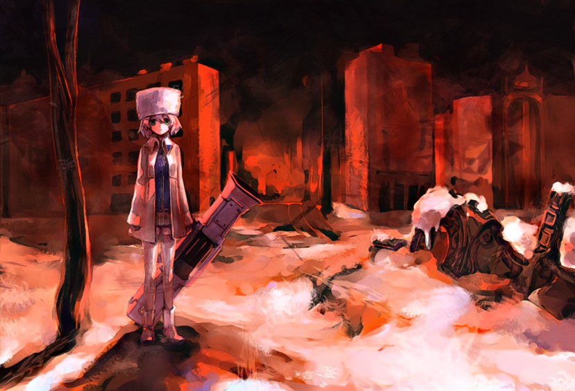 1girl, building, city, expressionless, green_eyes, hat, holding, holding_weapon
