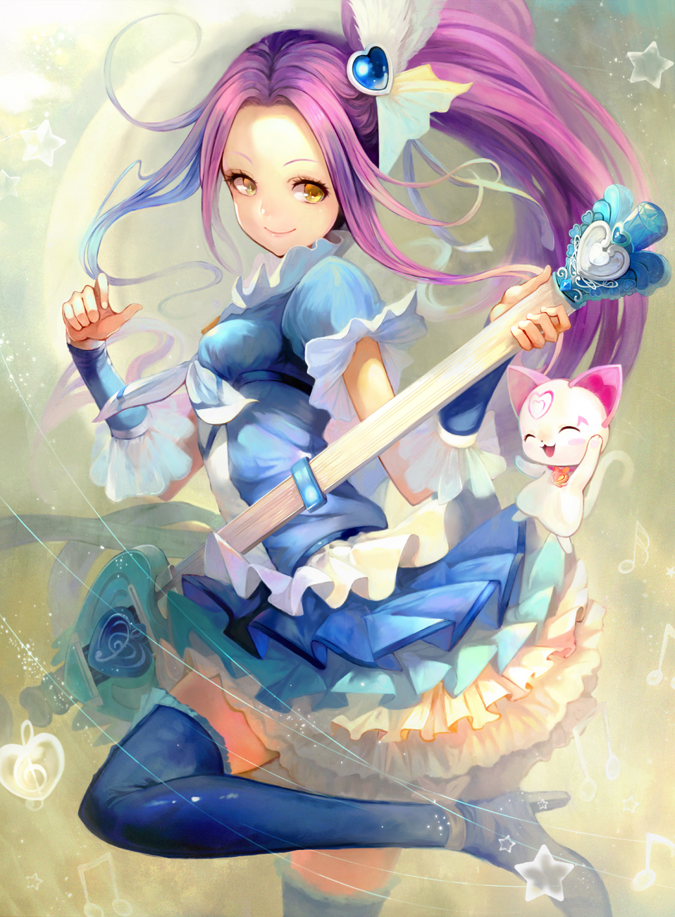 1girl, ahoge, animal, blue_dress, blue_legwear, boots, cat, cure_beat