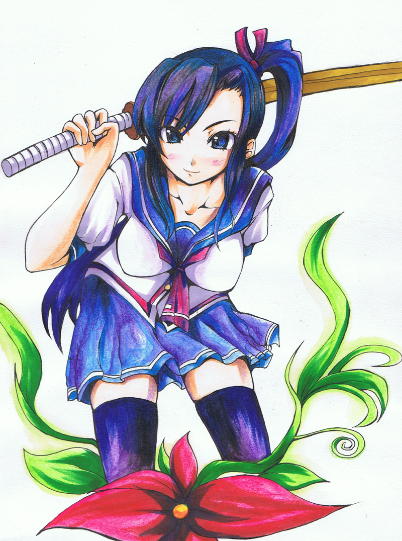 blue_eyes, blue_hair, blush, flower, leaning_forward, maken-ki, maken-ki!, riochan, school_uniform, serafuku, shinai, side_ponytail, skirt, solo, sword, thigh-highs, thighhighs, traditional_media, weapon