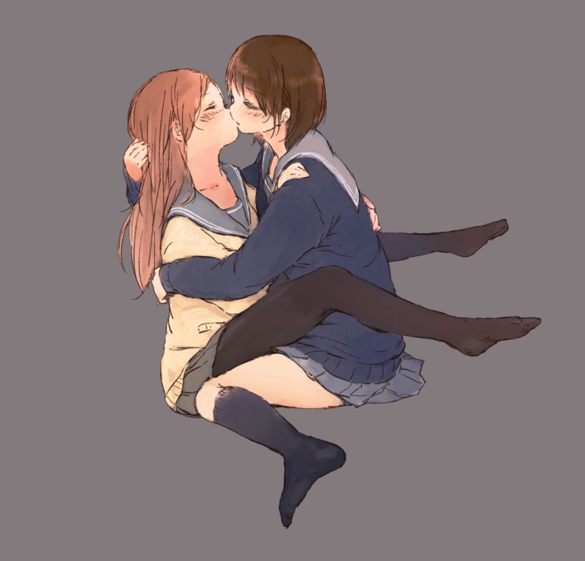 2girls, black_legwear, blush, brown_hair, kiss, kneehighs, long_hair, multiple_girls