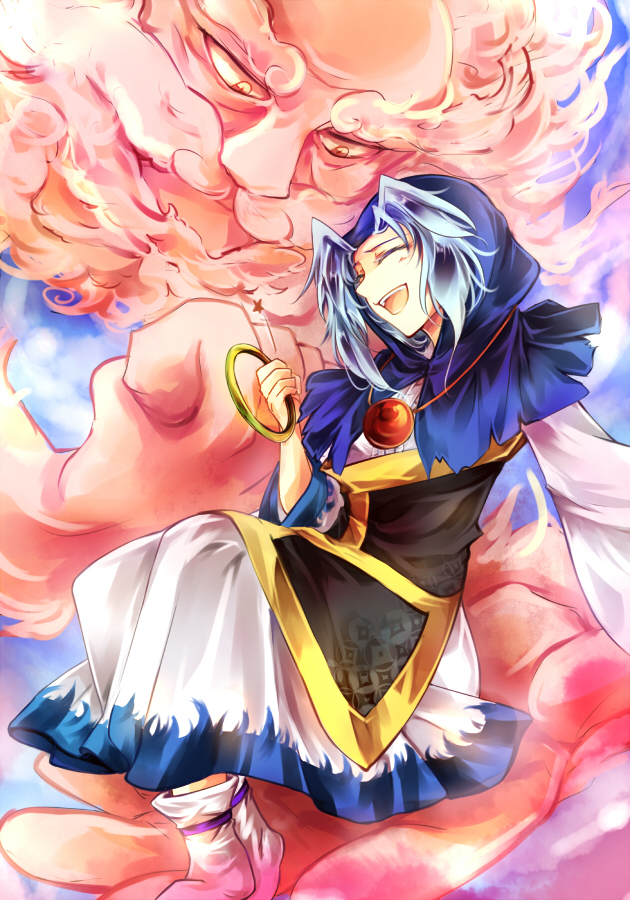 1boy, 1girl, bears, blue_hair, closed_eyes, hood, hoop, kozuki_kai