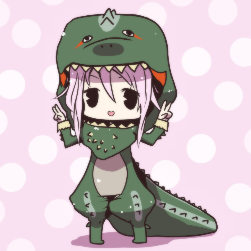 1girl, baggy_pants, capcom, chibi, costume, deviljho, double_v, monster_hunter