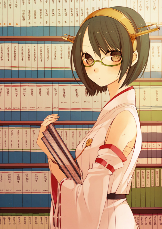 1girl, book, carrying, detached_sleeves, glasses, headgear, hiei_(kantai_collection), hoshimachi