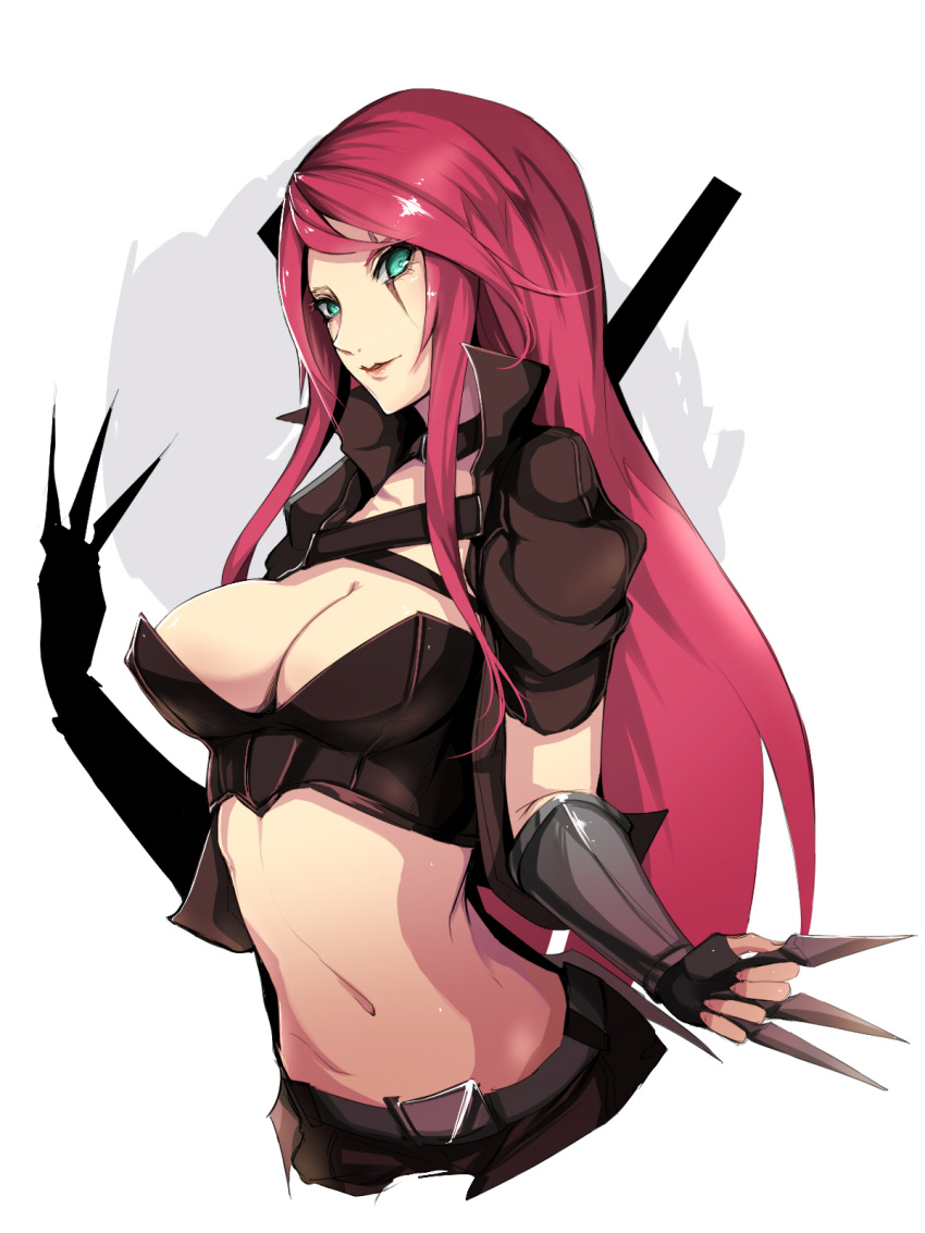 1girl, belt, between_fingers, breasts, bustier, cleavage, cowboy_shot, dual_wielding