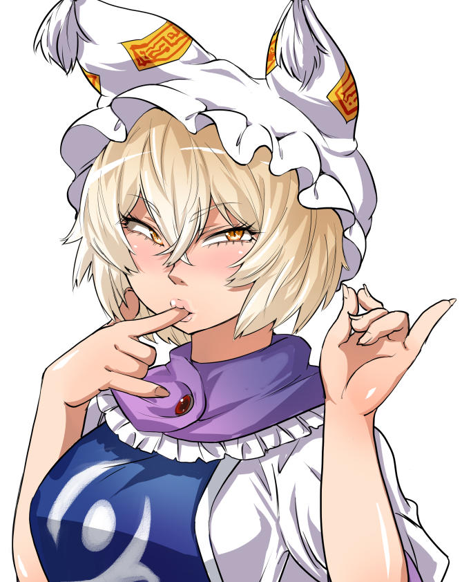 1girl, animal_ears, blonde_hair, breasts, finger_in_mouth, fox_ears, hat, hosoi_kouzou
