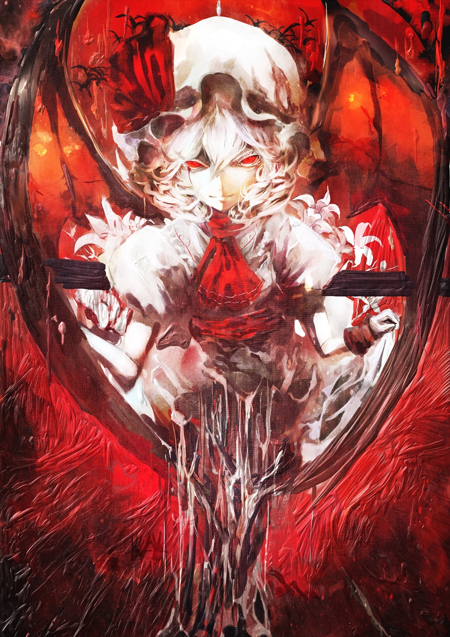 1girl, bat_wings, blood, bloody_tears, gloves, glowing, glowing_eyes, hat