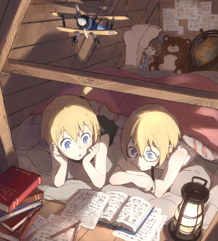 2girls, :o, airplane, bed, blanket, blonde_hair, blue_eyes, book, crossed_arms, doll, erica_hartmann, glasses, globe, hands_on_own_face, holding, indoors, kawahara_fantasia, lantern, lying, multiple_girls, on_stomach, open_mouth, pajamas, paper, pencil, short_hair, siblings, sisters, strike_witches, stuffed_animal, stuffed_toy, teddy_bear, twins, ursula_hartmann