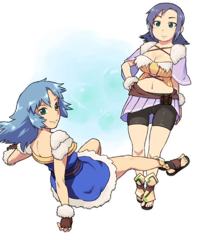 2girls, bike_shorts, blue_hair, breasts, bustier, capelet, cleavage, dress